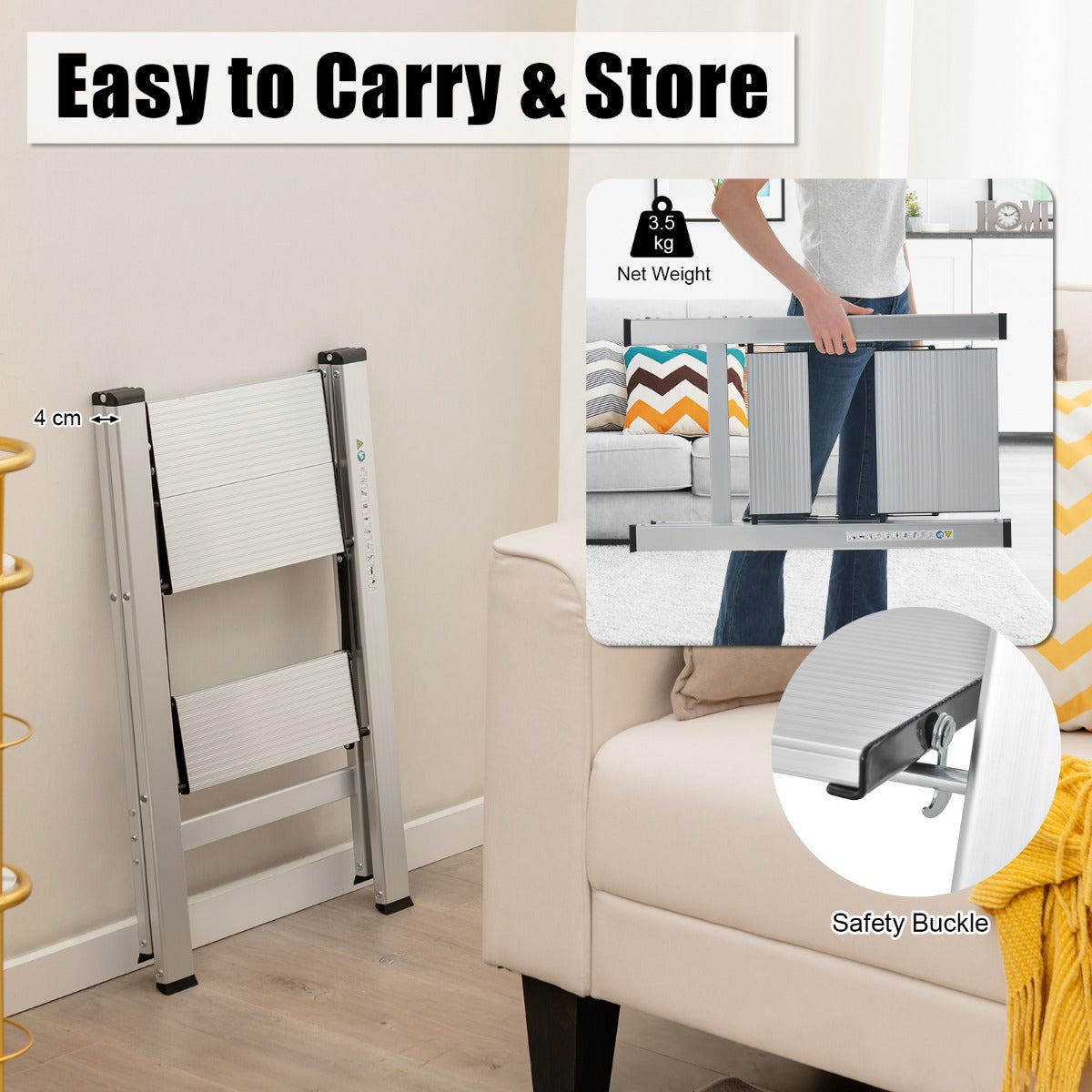 LIVSK Aluminium Trapladder - Antislip Treden - Lichtgewicht en Vouwbaar - 150 kg Capaciteit - 49 x 44 x 66 cm - Zilver