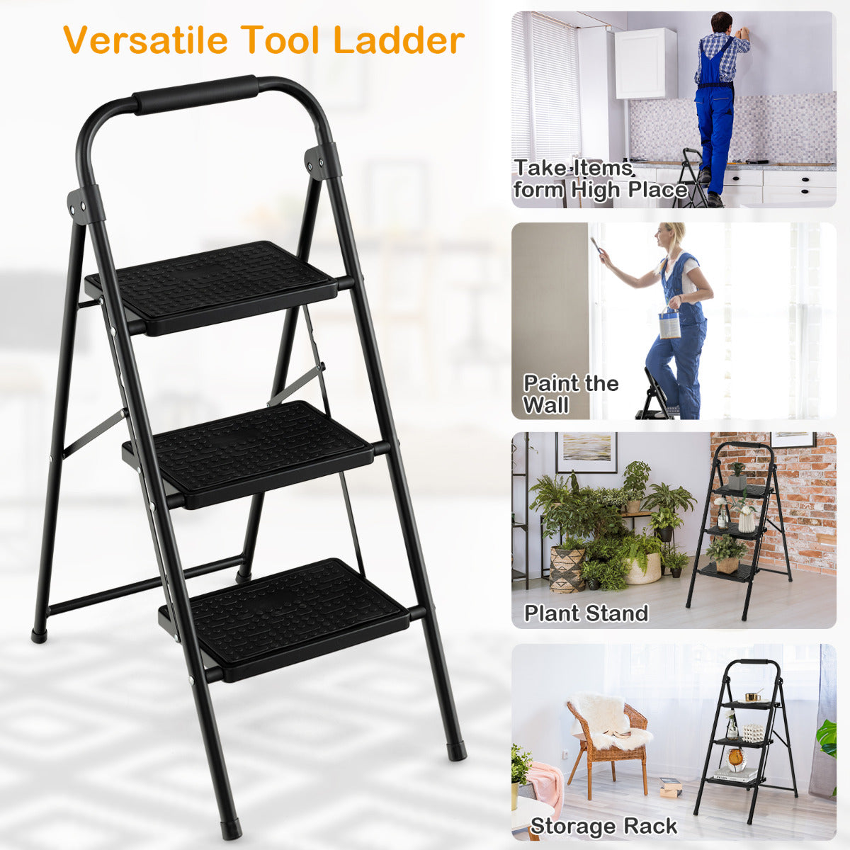 LIVSK Trapladder - 3-Treden Vouwladder met Antislip Treden - Robuust Metaal - Draagvermogen 265 kg - Zwart