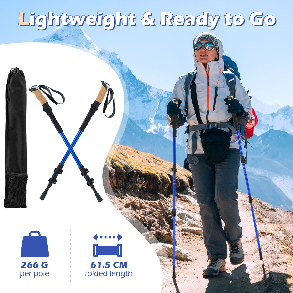 Livsk costway trekkingstokken van aluminium uitschuifbare wandelstokken met eva en natuurkurkhandvatten blauw 1 1