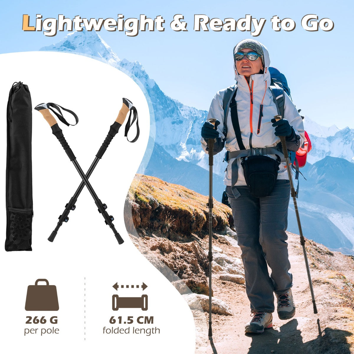 Livsk costway trekkingstokken van aluminium uitschuifbare wandelstokken met eva en natuurkurkhandvatten zwart 1 1