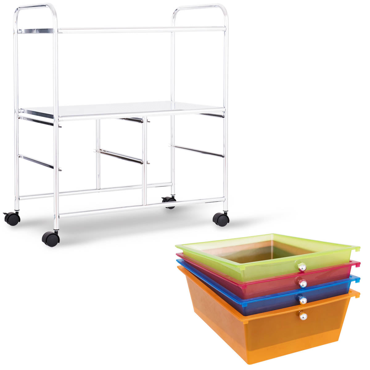 LIVSK Rollende Opbergwagen - 4 Lades en 2 Planken - Chroomstaal Frame - Universele Wielen - 58,5 x 37 x 75 cm - Zoals afgebeeld