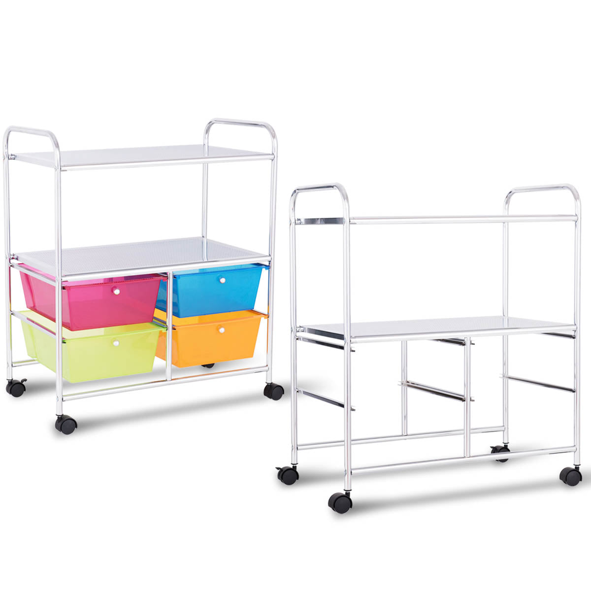 LIVSK Rollende Opbergwagen - 4 Lades en 2 Planken - Chroomstaal Frame - Universele Wielen - 58,5 x 37 x 75 cm - Zoals afgebeeld