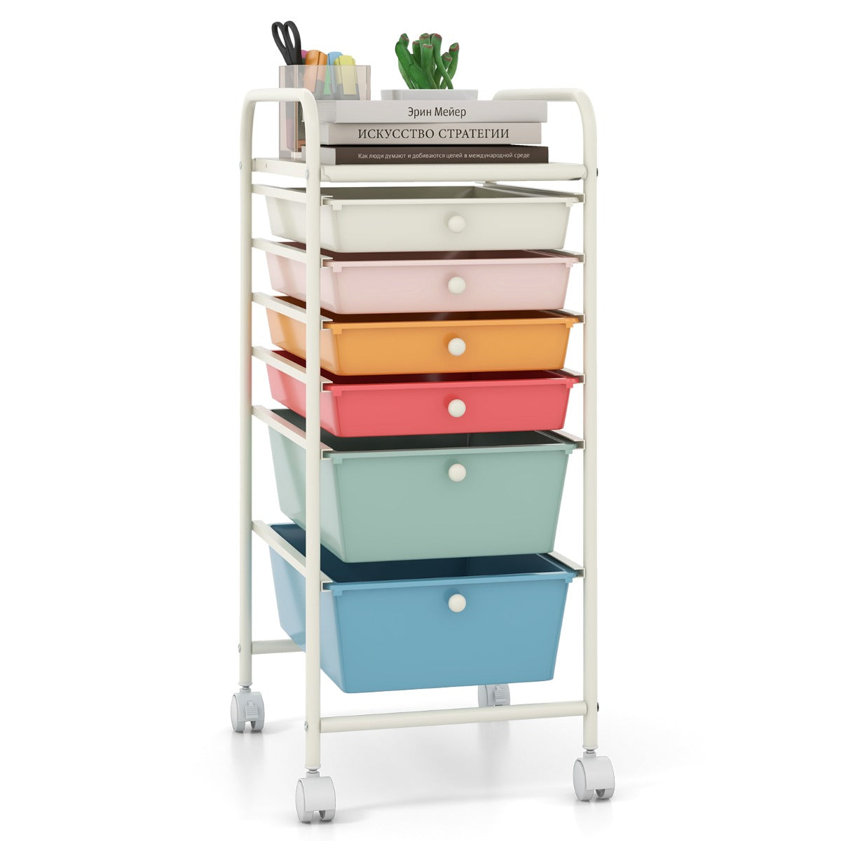 Livsk costway trolley met 6 stapelbare laden trolley met metalen frame en planken transparante opbergtrolley multicolor
