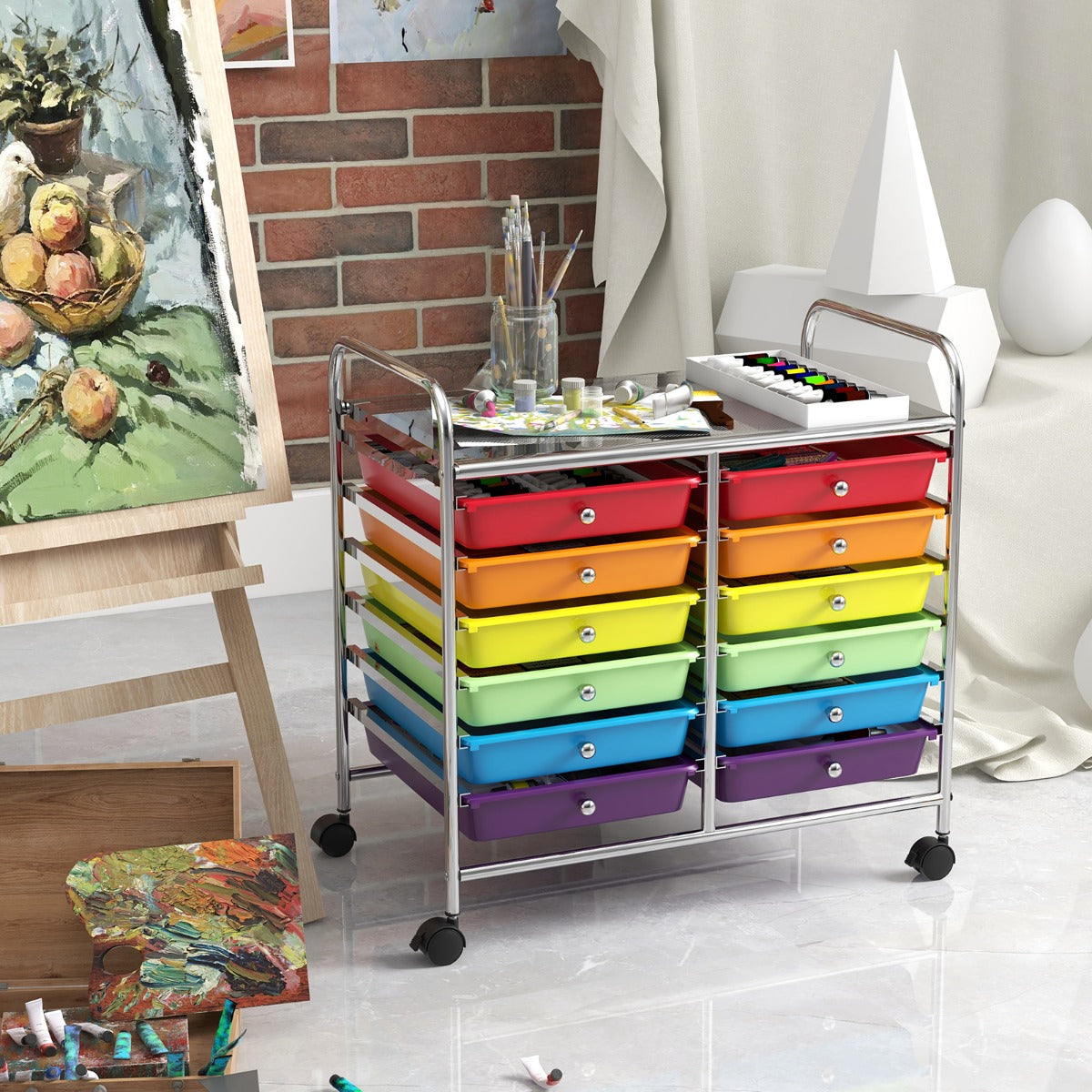 LIVSK Opbergwagen Trolley met 12 Uitneembare Lades - Ruim Werkblad - Stabiel Metalen Frame - Wendbare Wielen - 62 x 38 x 64 cm -