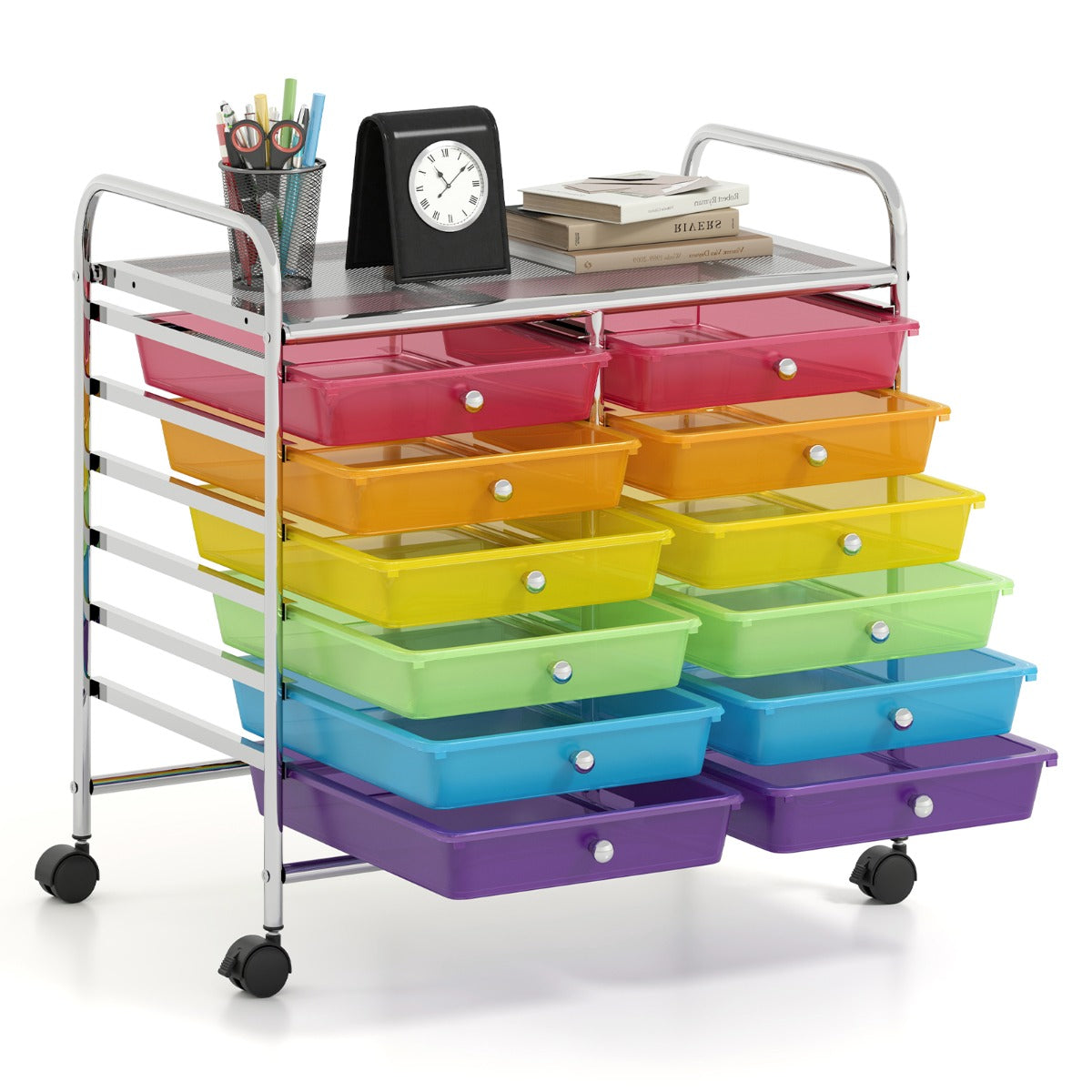 LIVSK Opbergwagen met 12 Lades - Ruim Werkblad - Wendbare Wielen - Voor Woonkamer en Keuken - 64 x 38 x 62 cm - Zwart