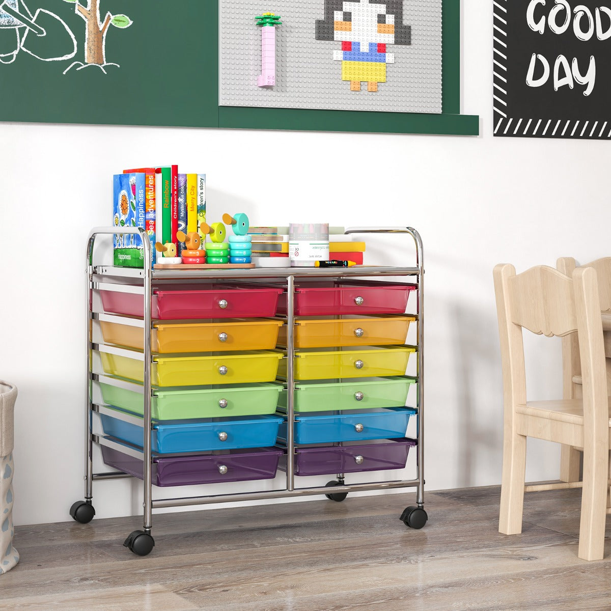 LIVSK Opbergwagen met 12 Lades - Ruim Werkblad - Wendbare Wielen - Voor Woonkamer en Keuken - 64 x 38 x 62 cm - Zwart