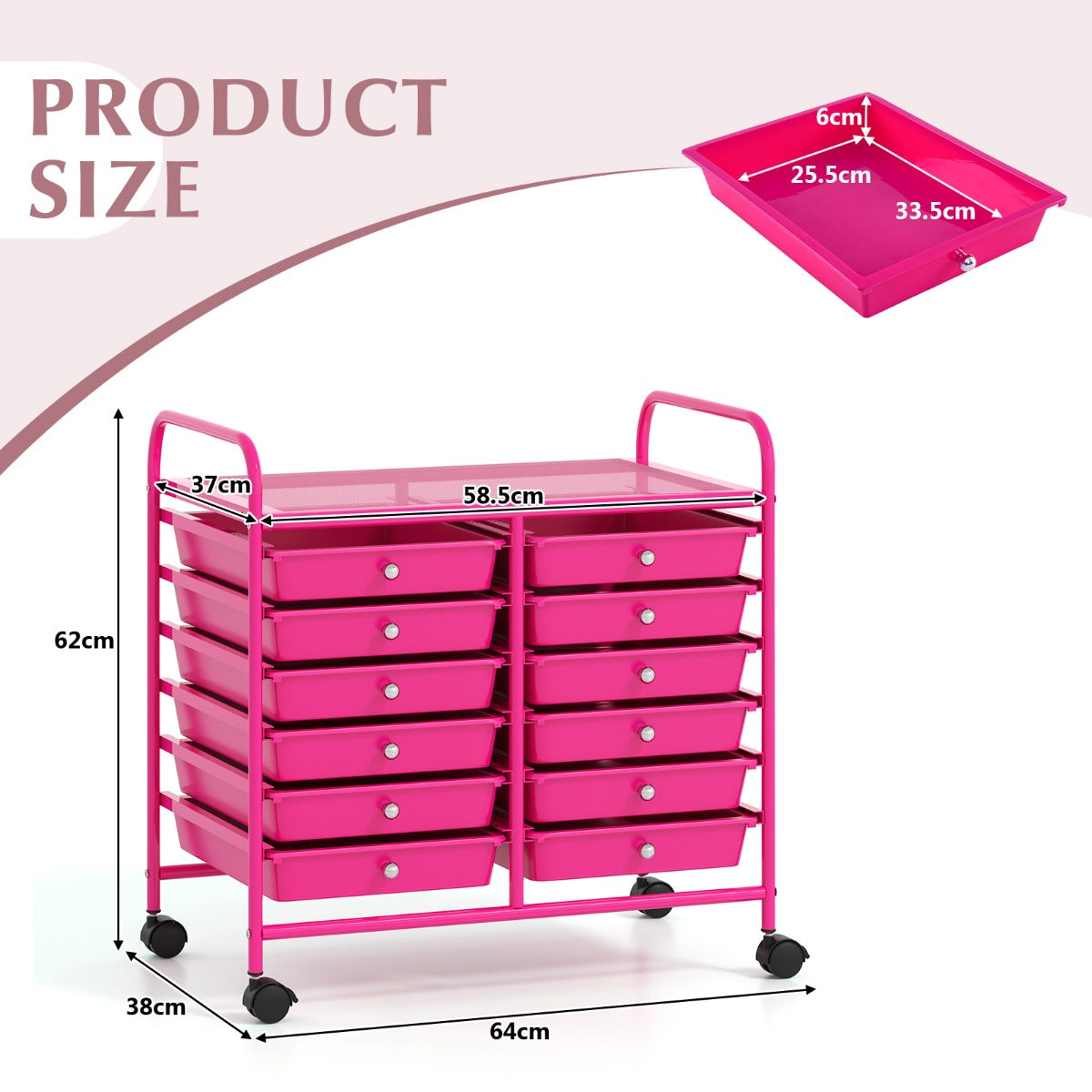 LIVSK Opbergwagen met 12 Lades - Stabiel Gegalvaniseerd Metaal - 4 Wielen - Ideaal voor Woonkamer en Keuken - 64 x 38 x 62 cm -