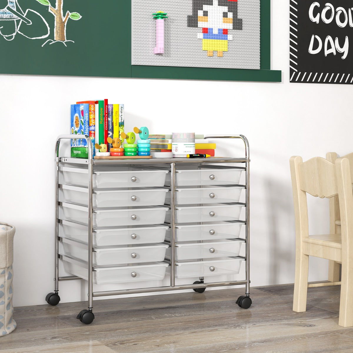 LIVSK Opbergwagen met 12 Lades - Stabiel Metalen Frame - 4 Wielen - Geschikt voor Woonkamer en Keuken - 64 x 38 x 62 cm - Zwart