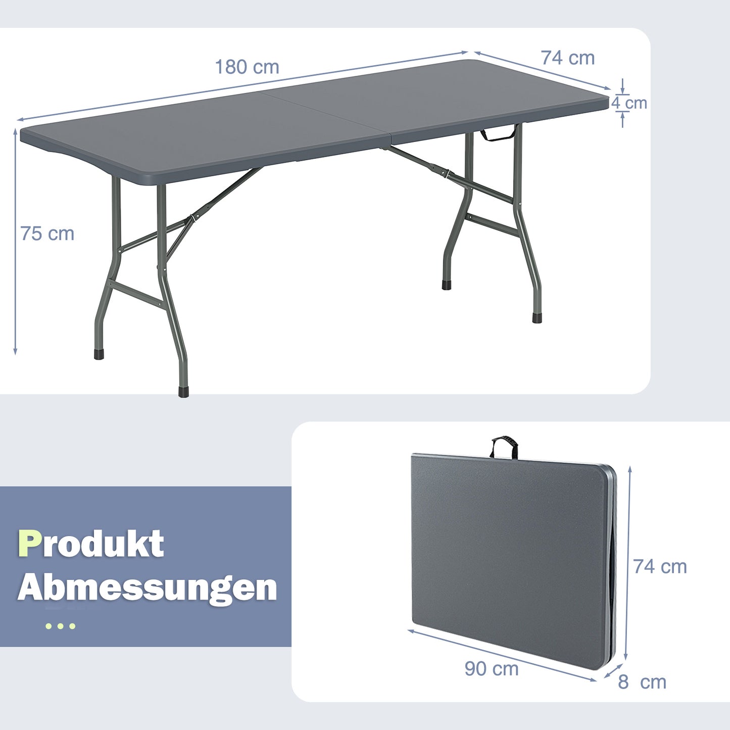 LIVSK Opvouwbare Campingtafel - Ruim 180 x 74 cm - HDPE Tafelblad - Stevige Metalen Poten - Tot 160 kg - Grijs