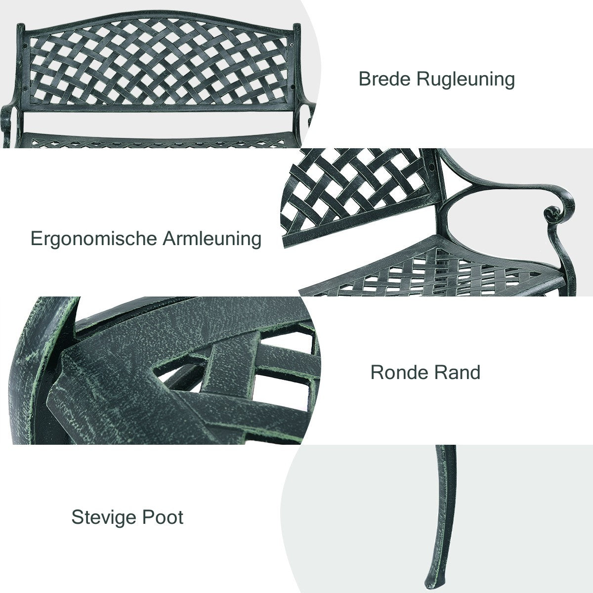 LIVSK Tuinbank van Gegoten Aluminium - Ruimte voor 2-3 Personen - Ergonomisch Design - Draagvermogen tot 210 kg - Antiek Groen