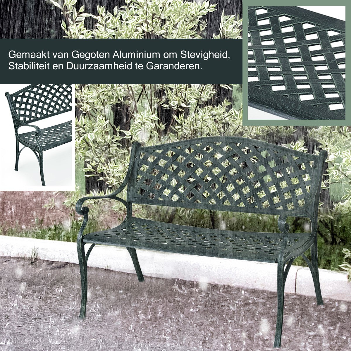 LIVSK Tuinbank van Gegoten Aluminium - Ruimte voor 2-3 Personen - Ergonomisch Design - Draagvermogen tot 210 kg - Antiek Groen