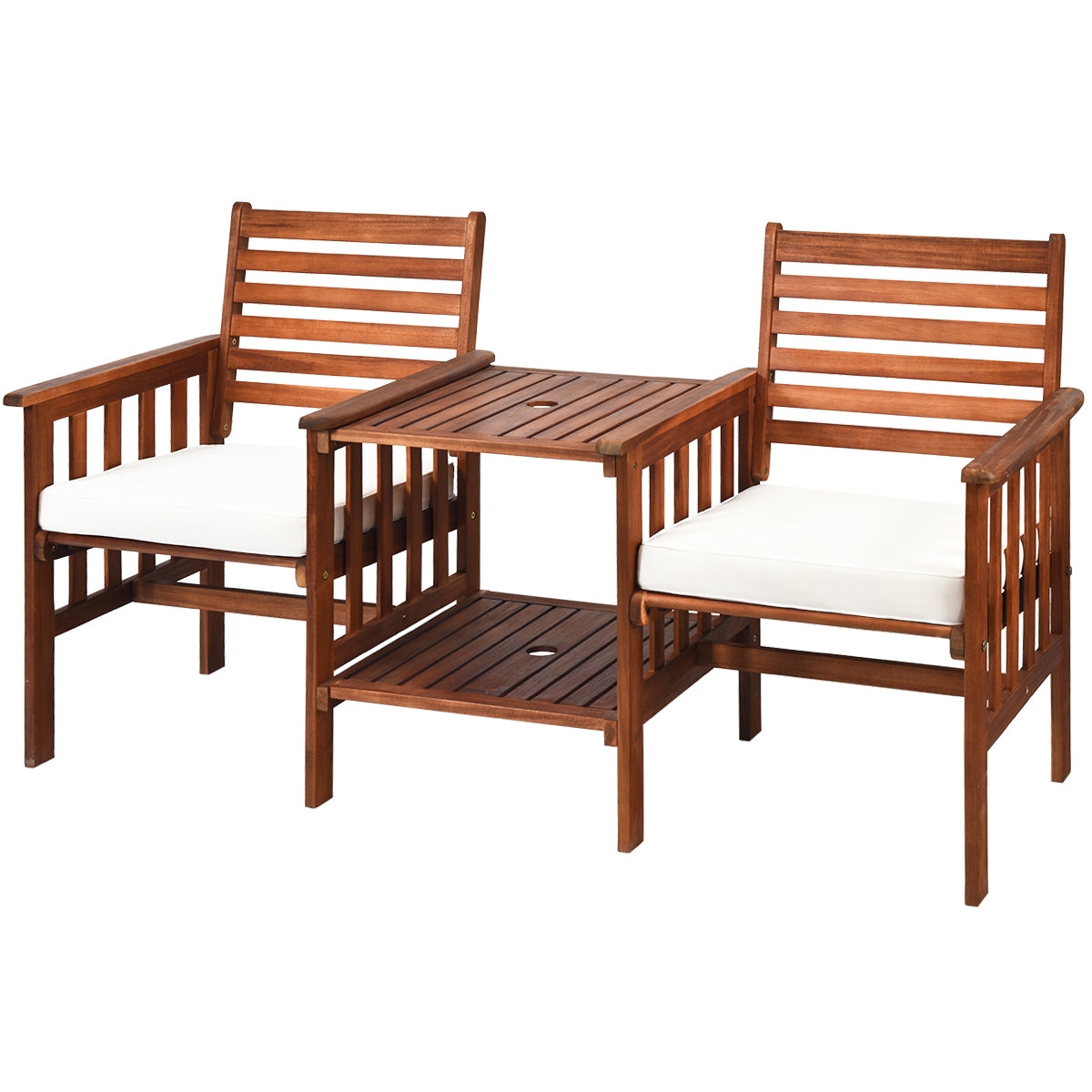 LIVSK Tuinmeubelset Acaciahout met Kussens - Ergonomische Stoelen - Salontafel met Paraplugat - Duurzaam en Comfortabel - Bruin