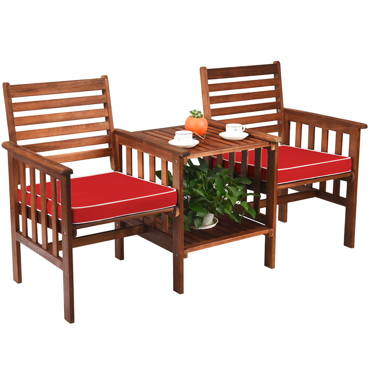 LIVSK Tuinmeubelset Acaciahout met Kussens - Ergonomische Stoelen - Salontafel met Paraplugat - Eenvoudige Montage - Rood