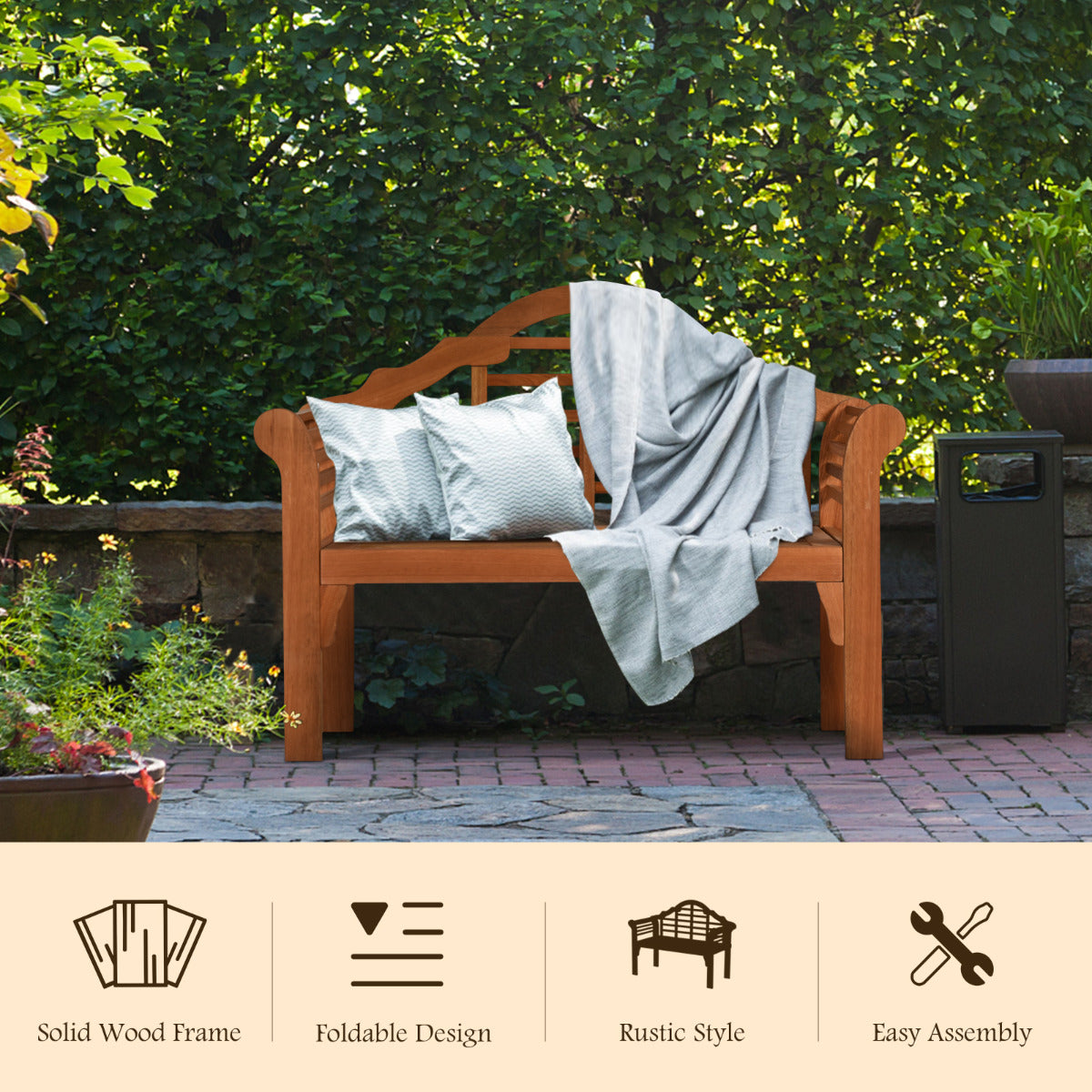 LIVSK Inklapbare Houten Tuinbank - Duurzaam Eucalyptushout - Ruimtebesparend - Comfortabel voor 2 Personen - Tot 360 kg - Natuur