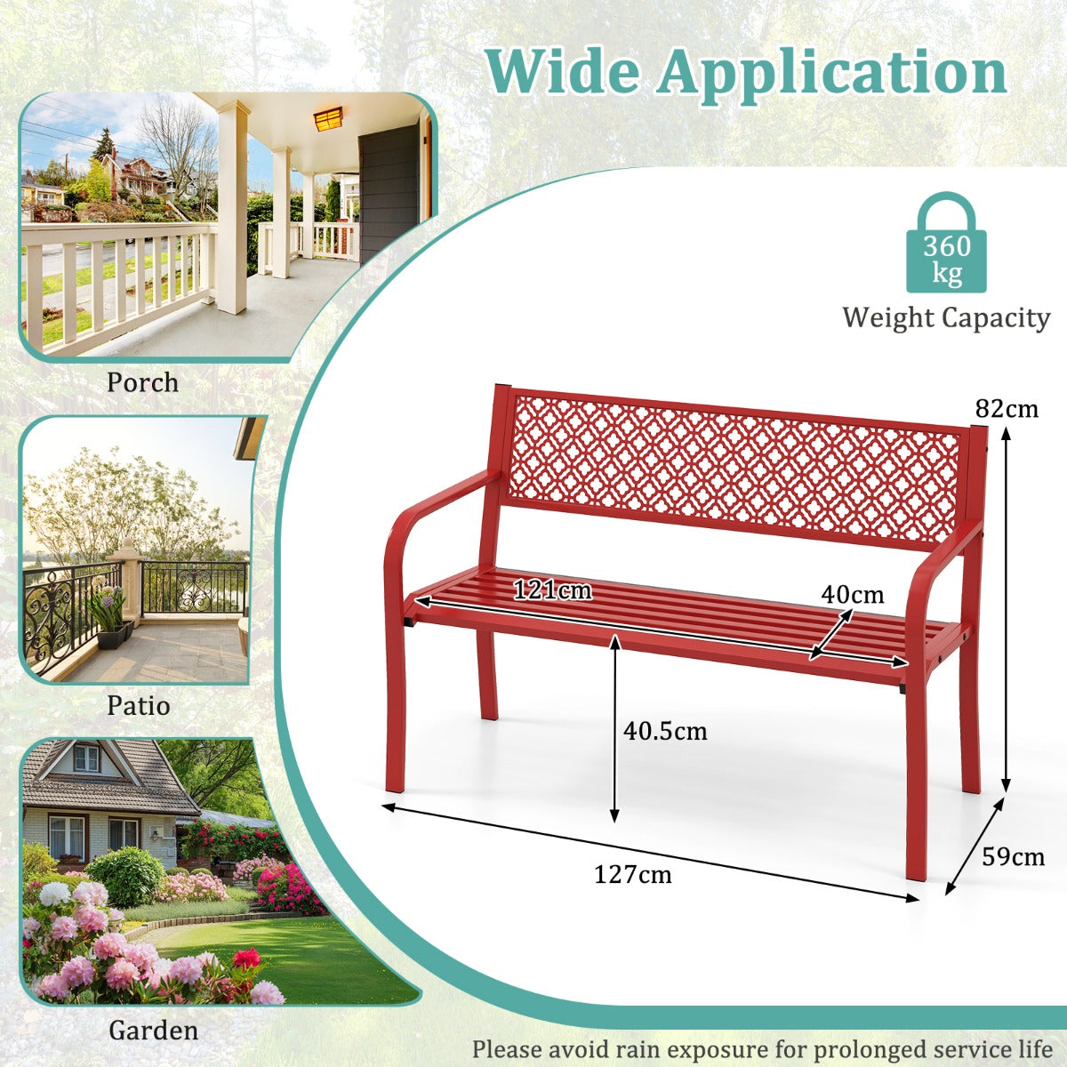 LIVSK Weerbestendige Metalen Tuinbank - Belastbaar tot 360 kg - 127 cm Breed - Geometrisch Ontwerp - Voor 2-3 Personen - Rood