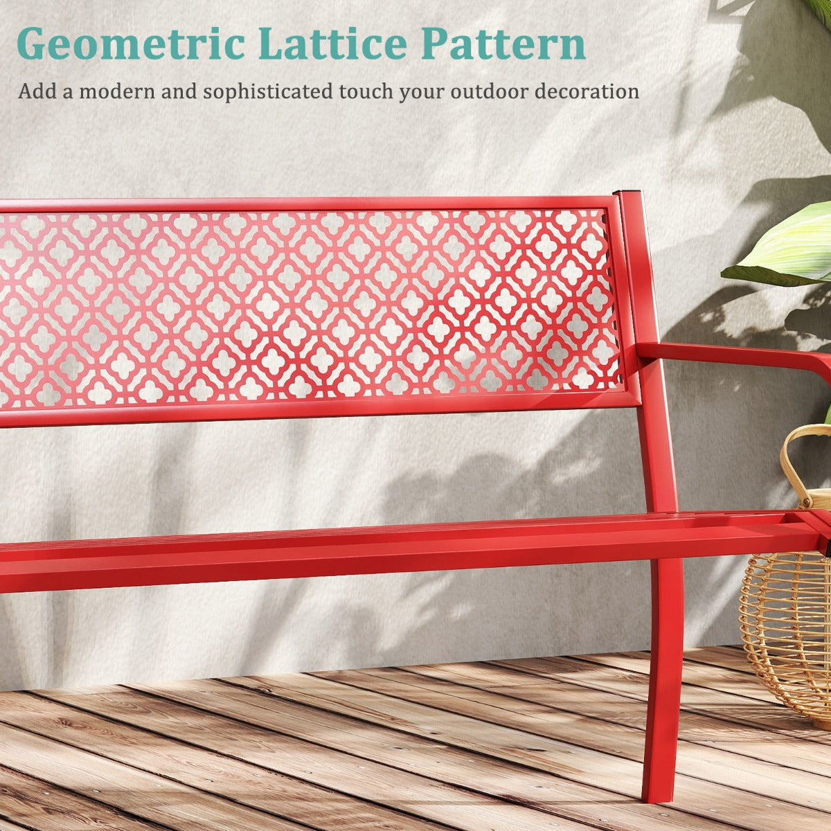 LIVSK Weerbestendige Metalen Tuinbank - Belastbaar tot 360 kg - 127 cm Breed - Geometrisch Ontwerp - Voor 2-3 Personen - Rood