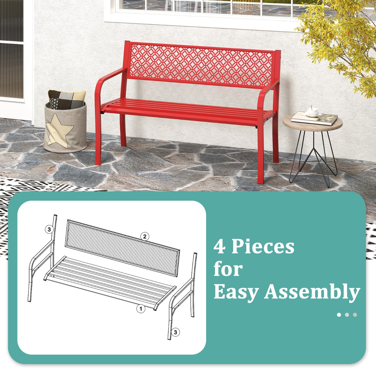 LIVSK Weerbestendige Metalen Tuinbank - Belastbaar tot 360 kg - 127 cm Breed - Geometrisch Ontwerp - Voor 2-3 Personen - Rood