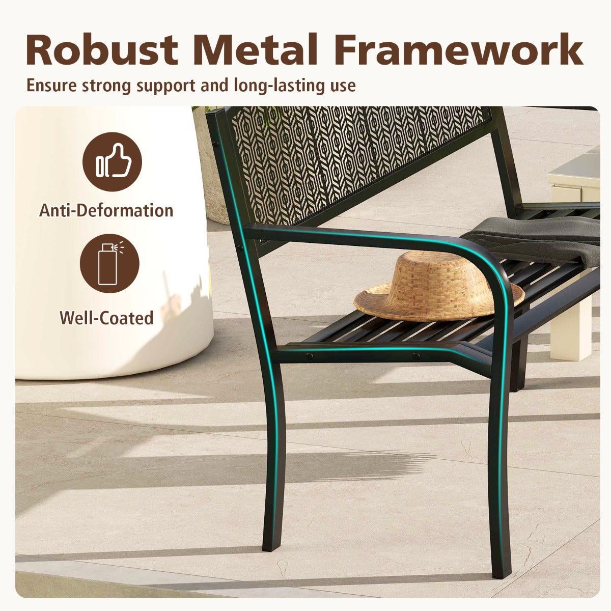 LIVSK Metalen Tuinbank - Ruime Zitting voor 2-3 Personen - Robuuste Constructie - Ergonomisch Design - Tot 300 kg - Zwart