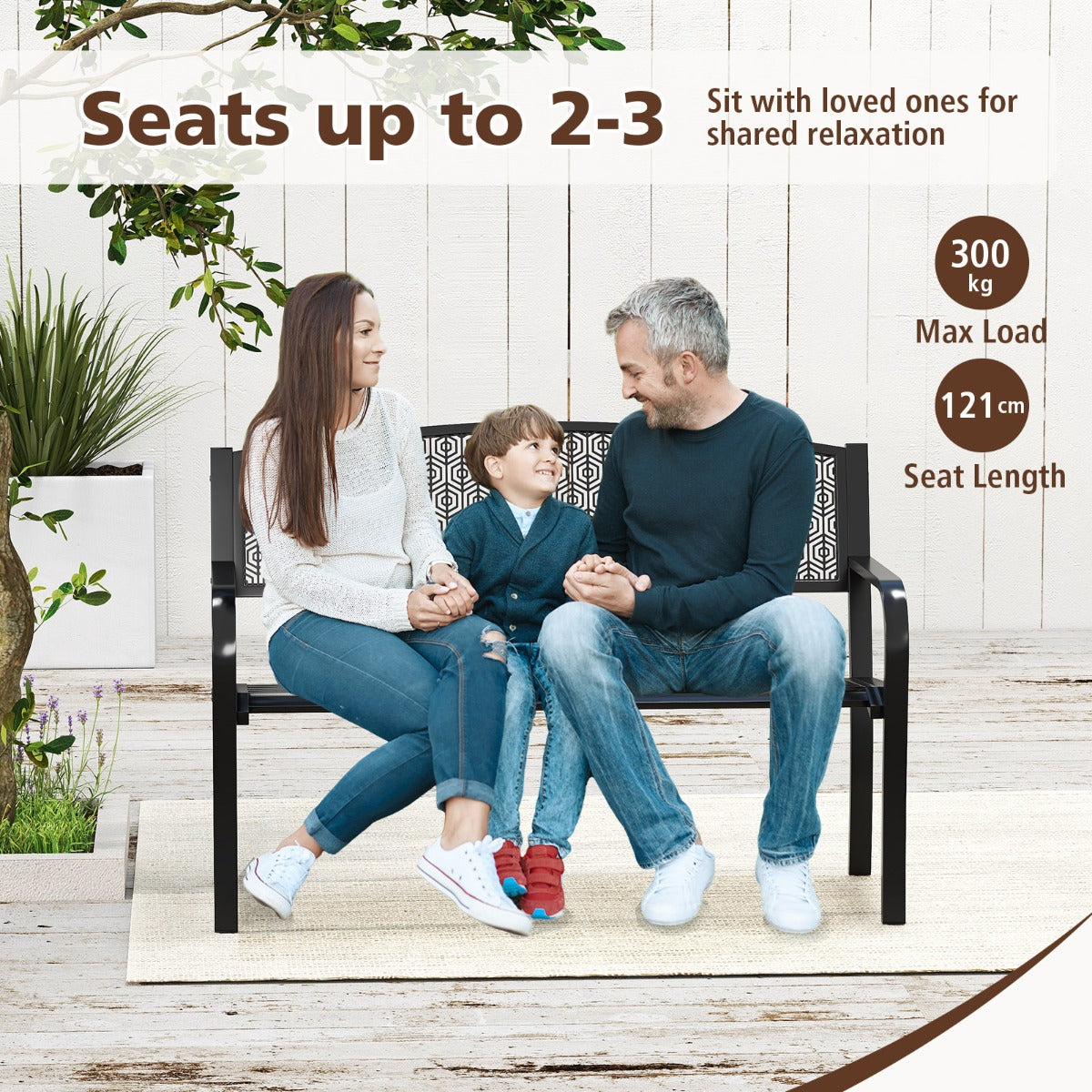 LIVSK Metalen Tuinbank - Ruime Zitting voor 2-3 Personen - Robuuste Constructie - Ergonomisch Design - Tot 300 kg - Zwart