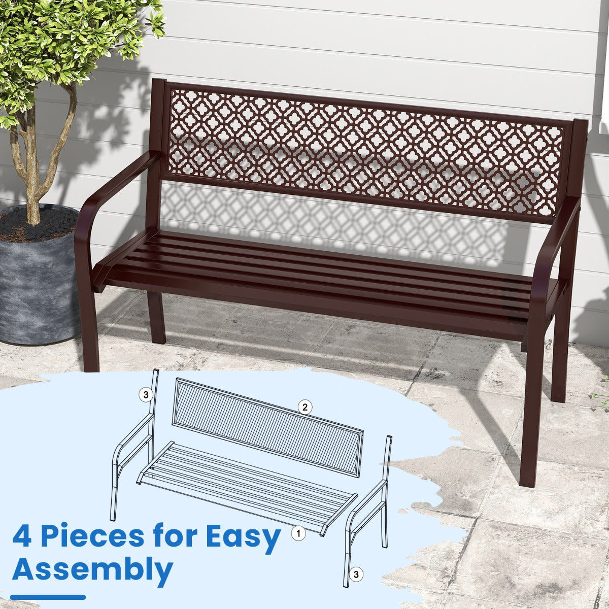 LIVSK Weerbestendige Parkbank voor 2-3 Personen - Robuuste Metaalconstructie - 360 kg Draagvermogen - 127 x 59 x 82 cm - Grijs