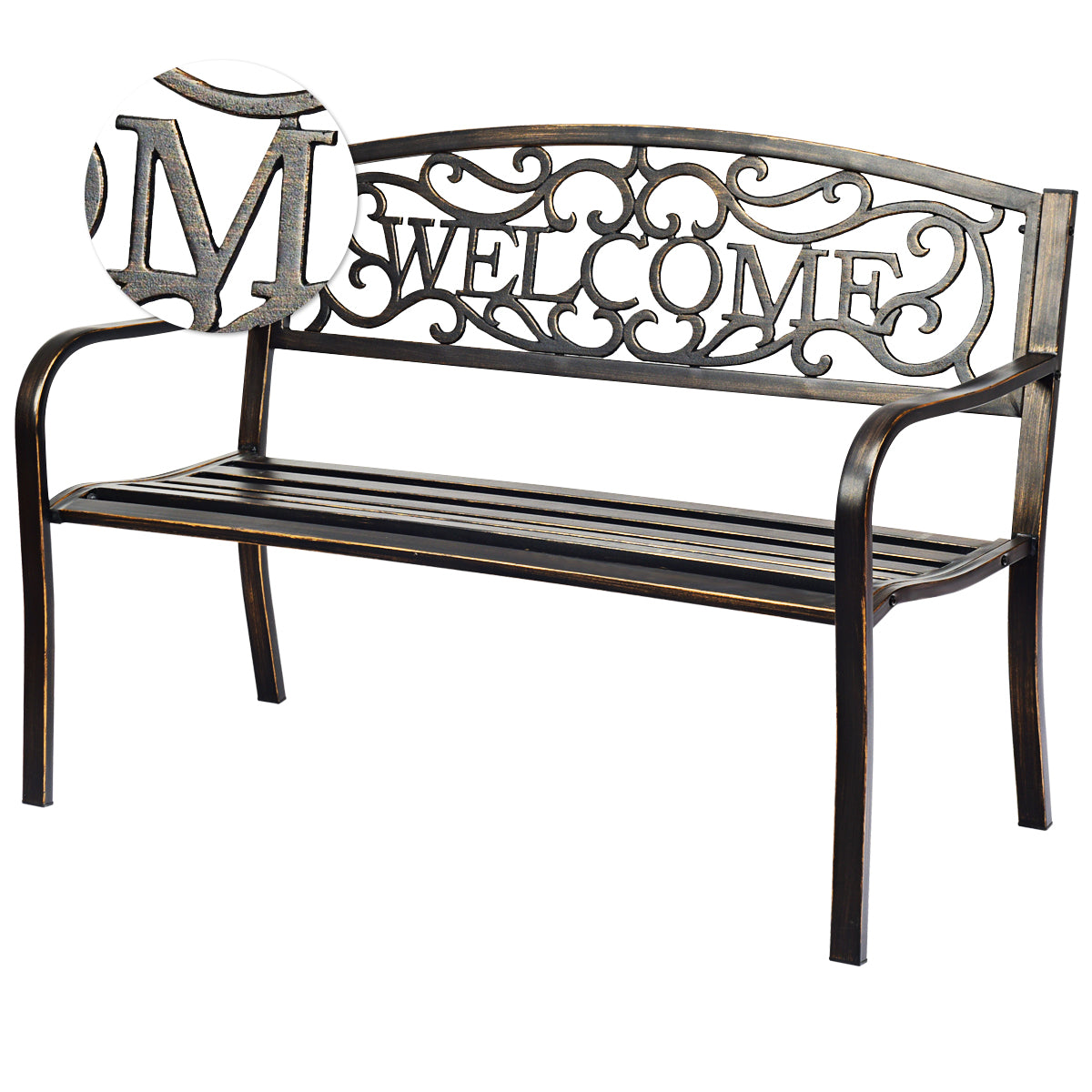 LIVSK Tuinbank met Rugleuning - Robuust Stalen Frame - Weerbestendig - Draagvermogen tot 320 kg - Elegante Decoraties - Brons