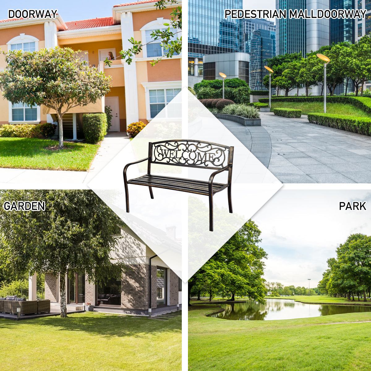 LIVSK Tuinbank met Rugleuning - Robuust Stalen Frame - Weerbestendig - Draagvermogen tot 320 kg - Elegante Decoraties - Brons