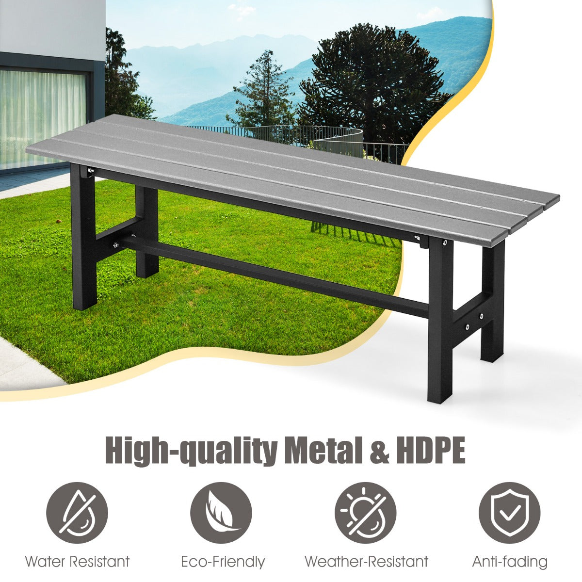 LIVSK Tuinbank van HDPE en Metaal - Weerbestendig - Ergonomisch Design - Draagvermogen 300 kg - 120 x 36 x 40,5 cm - Grijs
