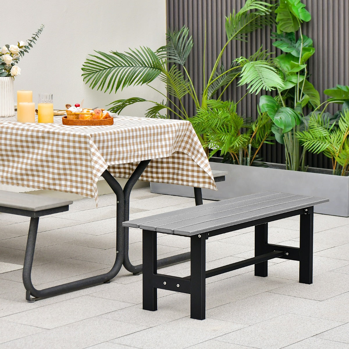 LIVSK Tuinbank van HDPE en Metaal - Weerbestendig - Ergonomisch Design - Draagvermogen 300 kg - 120 x 36 x 40,5 cm - Grijs