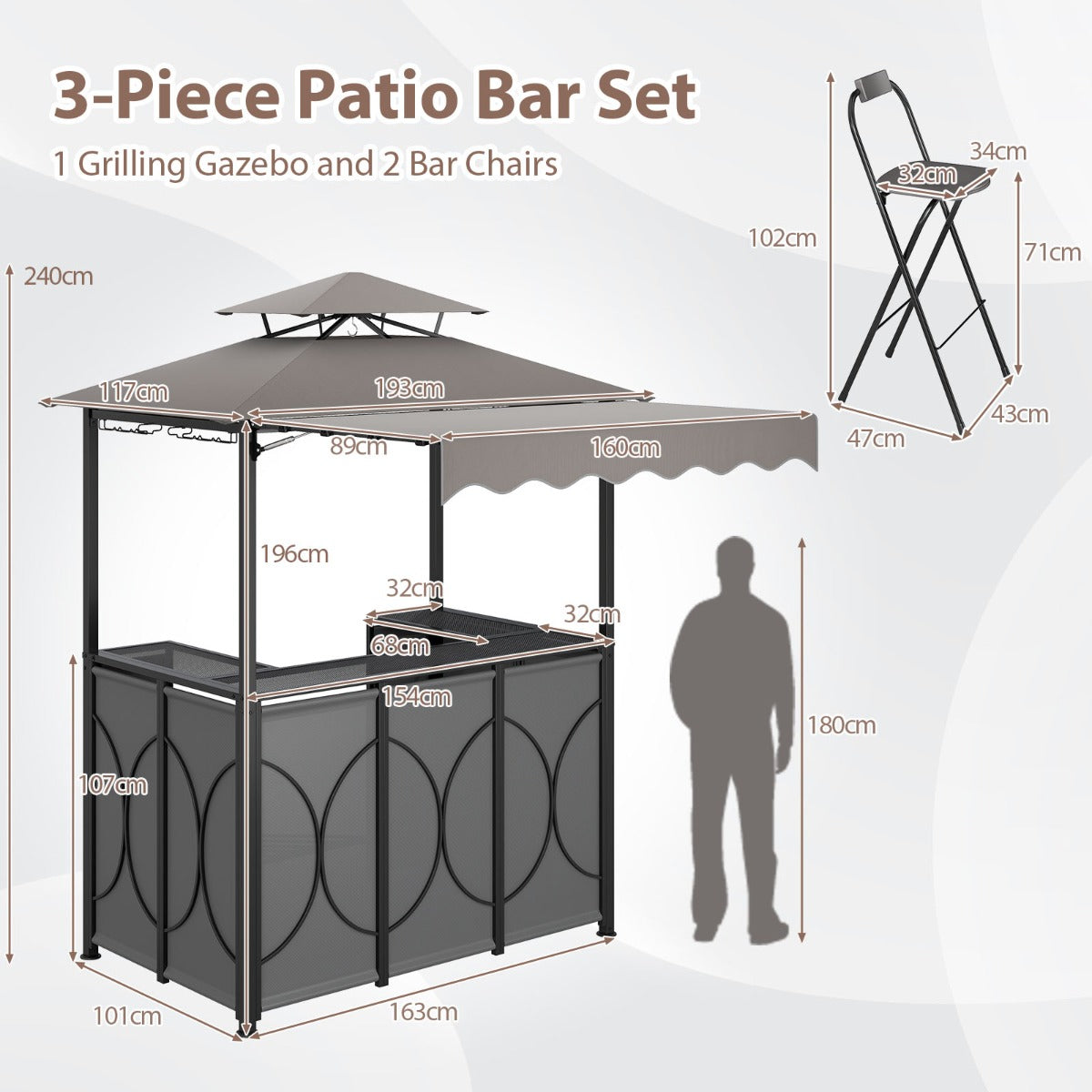 LIVSK Grillgazebo met Ingebouwde Bartafel - Inclusief 2 Barkrukken - Weerbestendig - Stabiel Metalen Frame - Grijs