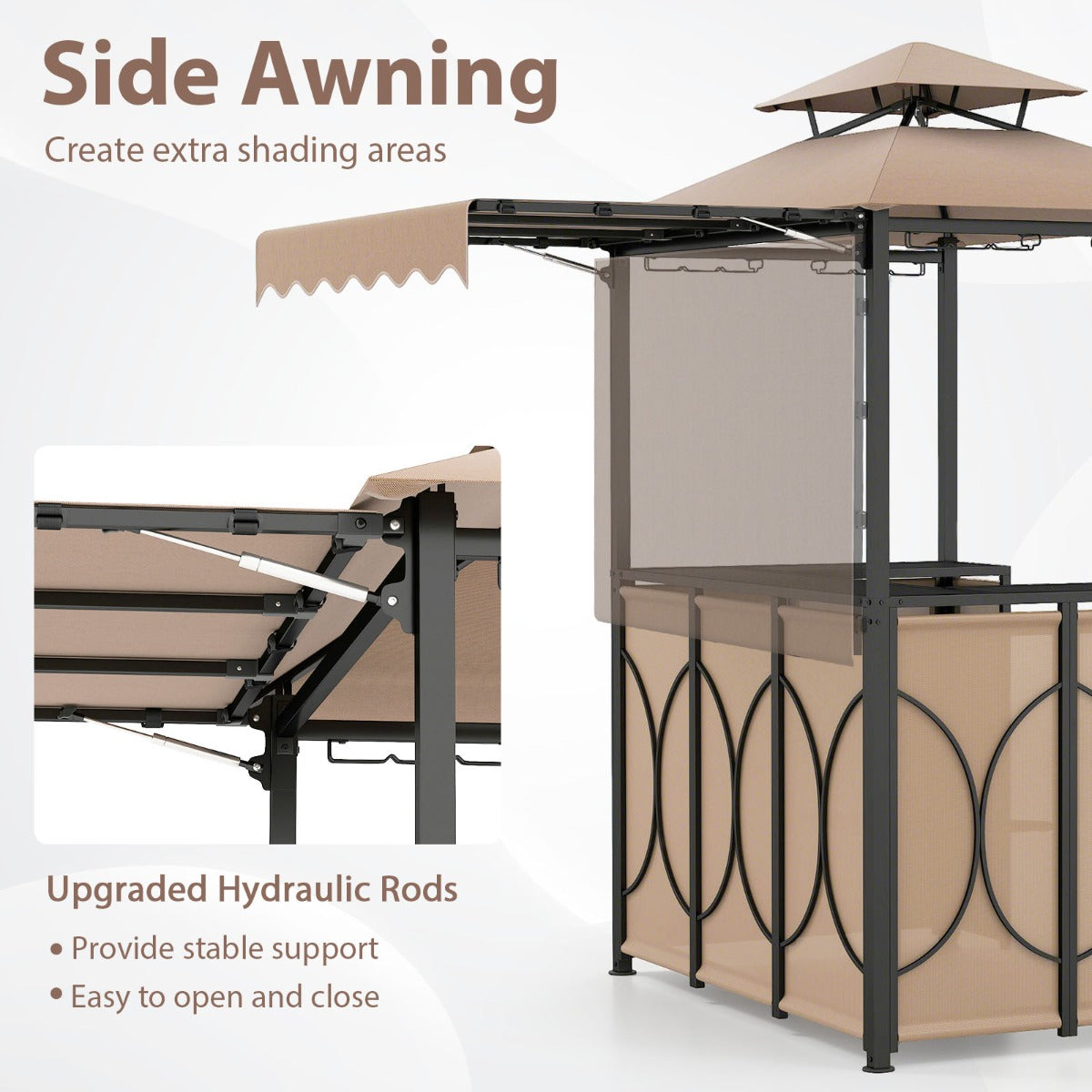 LIVSK Grillgazebo met Ingebouwde Bartafel en 2 Barkrukken - Duurzaam Polyester - Handige Luifel - 193 x 117 x 240 cm - Bruin
