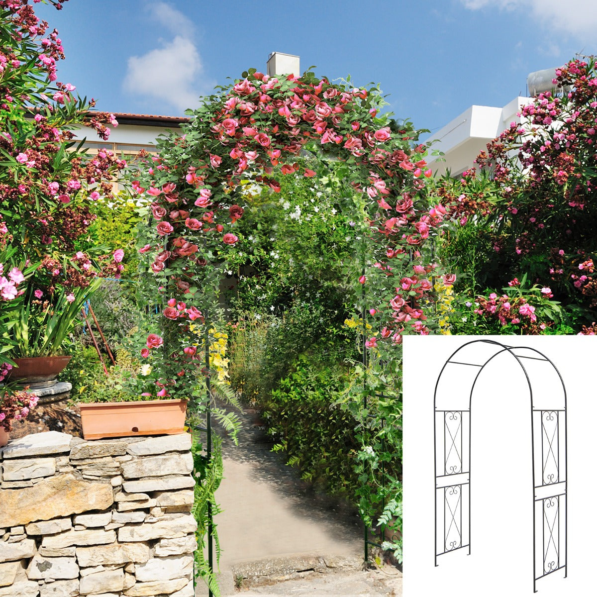 Livsk costway tuinboog 220 cm stevige metalen boog pergola decoratie plantensteun voor de binnenplaats 5