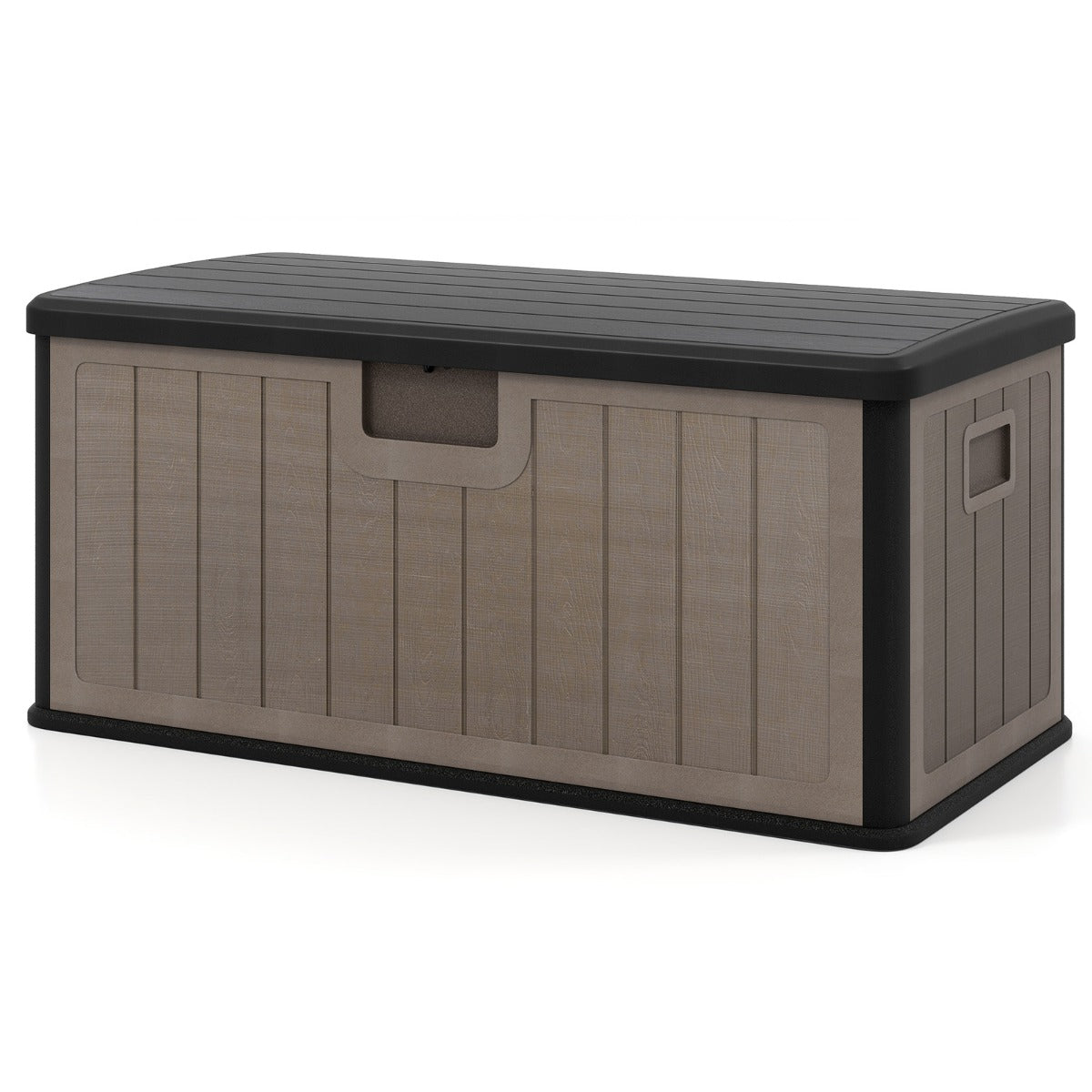 LIVSK Tuinbox 378 L - Waterdicht HDPE - Openklapbaar met Gasveer - Veilig en Handig - 130 x 64 x 59 cm - Zwart + Bruin