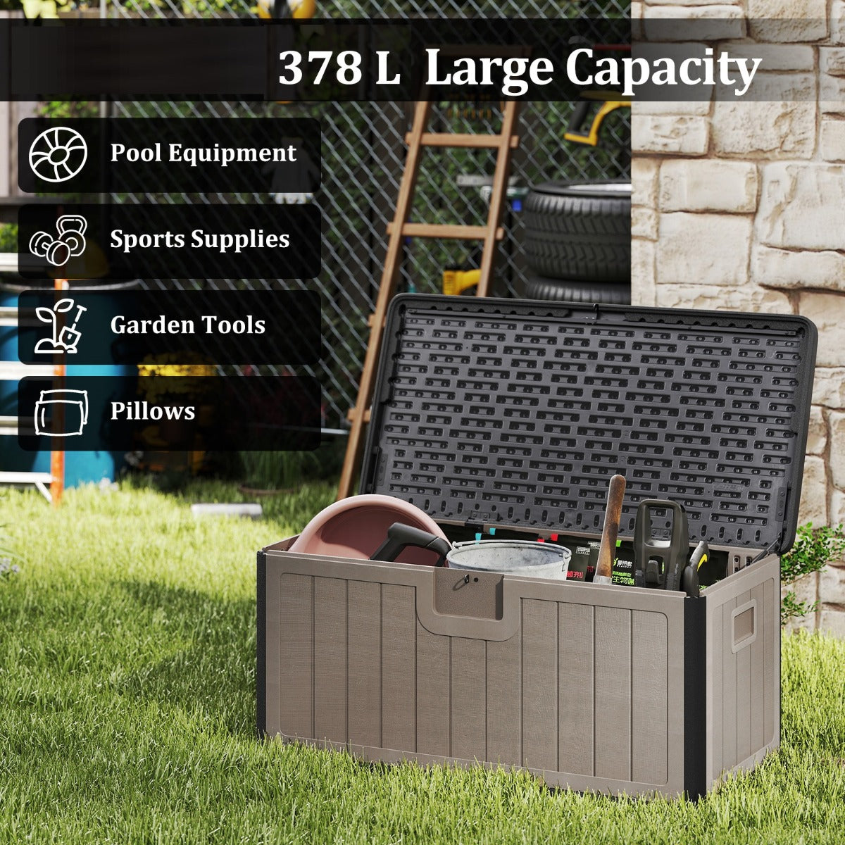 LIVSK Tuinbox 378 L - Waterdicht HDPE - Openklapbaar met Gasveer - Veilig en Handig - 130 x 64 x 59 cm - Zwart + Bruin