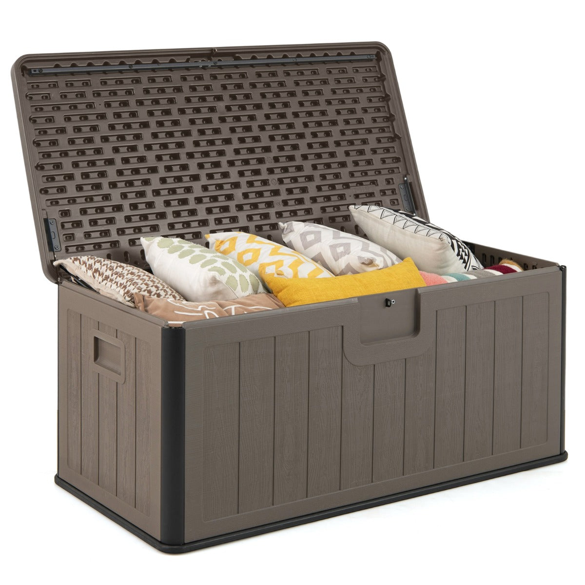 LIVSK Tuinbox 378 L - Waterdicht HDPE - Openklapbaar Deksel - Opbergbox en Extra Zitplek - 130 x 64 x 59 cm - Bruin