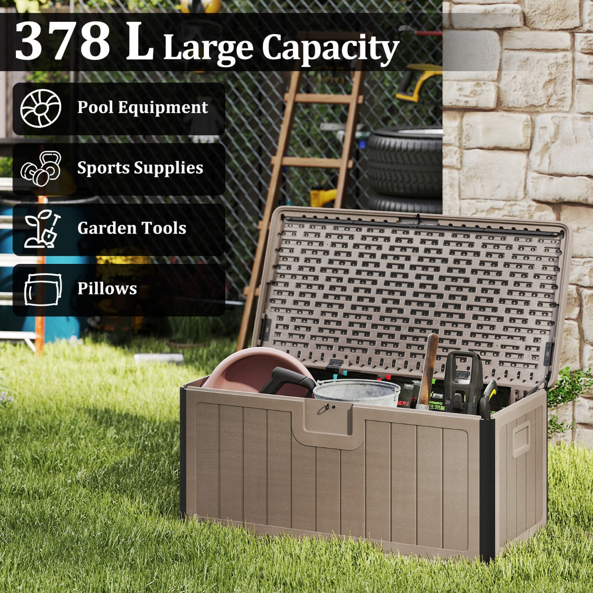 LIVSK Tuinbox 378 L - Waterdicht HDPE - Openklapbaar Deksel - Opbergbox en Extra Zitplek - 130 x 64 x 59 cm - Bruin