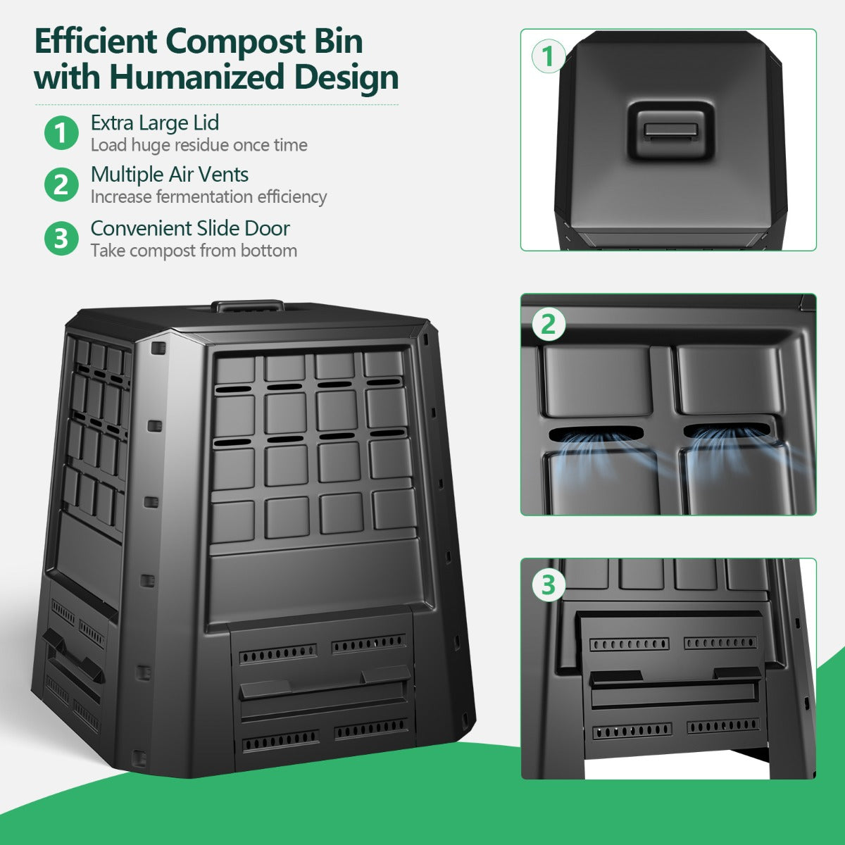 LIVSK Compostcontainer 380 L - Duurzaam PP - Verstelbare Luchtopeningen - Praktisch Deksel - Eenvoudige Montage - Zwart