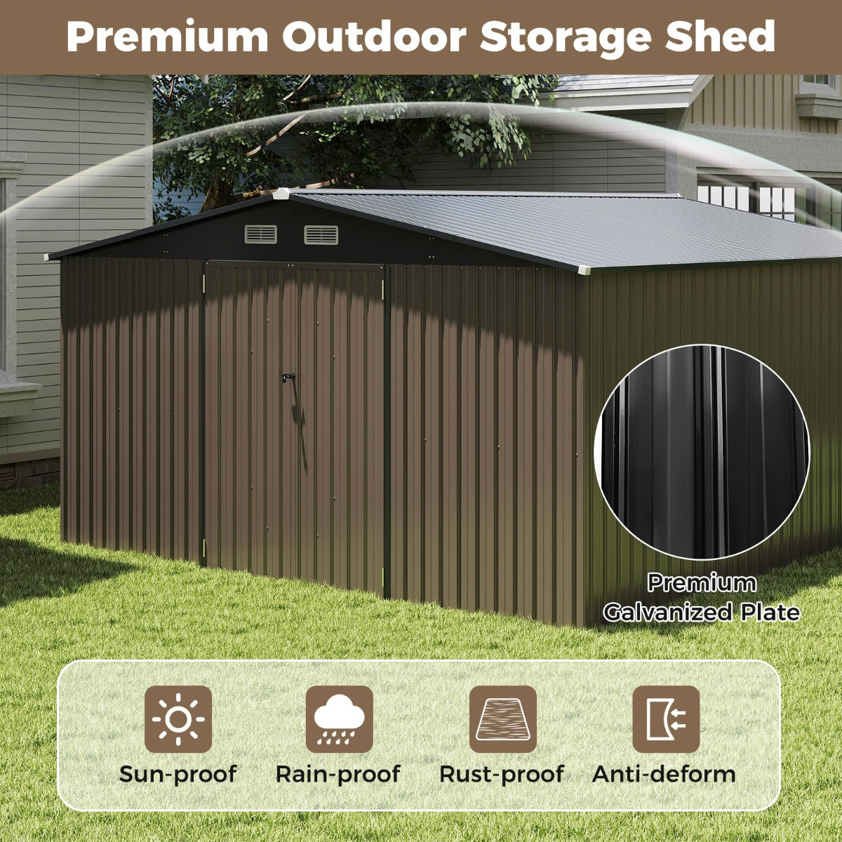 LIVSK Metalen Tuinhuis - Ruime Opbergruimte 350 x 350 x 198 cm - Schuin Dak - Ventilatieopeningen - Veilig met 2 Deuren - Grijs