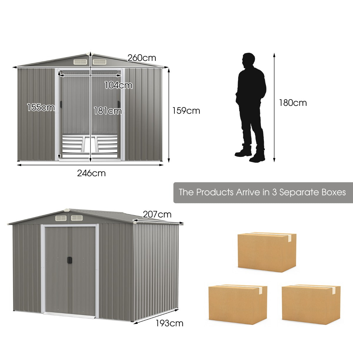 LIVSK Gereedschapsschuur van Gegalvaniseerd Staal - Ruimte voor Fietsen en Gereedschap - Ventilatieopeningen - 260 x 207 x 180 cm