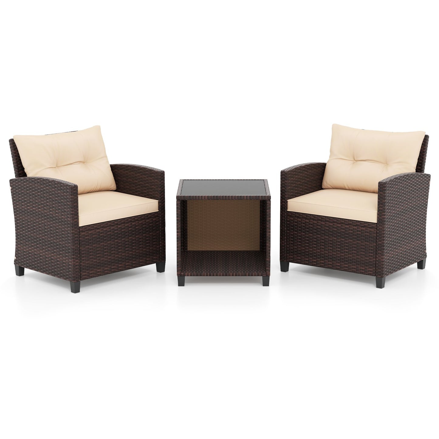 LIVSK Tuinmeubelset - Handgeweven PE Rotan - Comfortabele Stoelen met Kussens - Salontafel met Glazen Blad - Mix-bruin