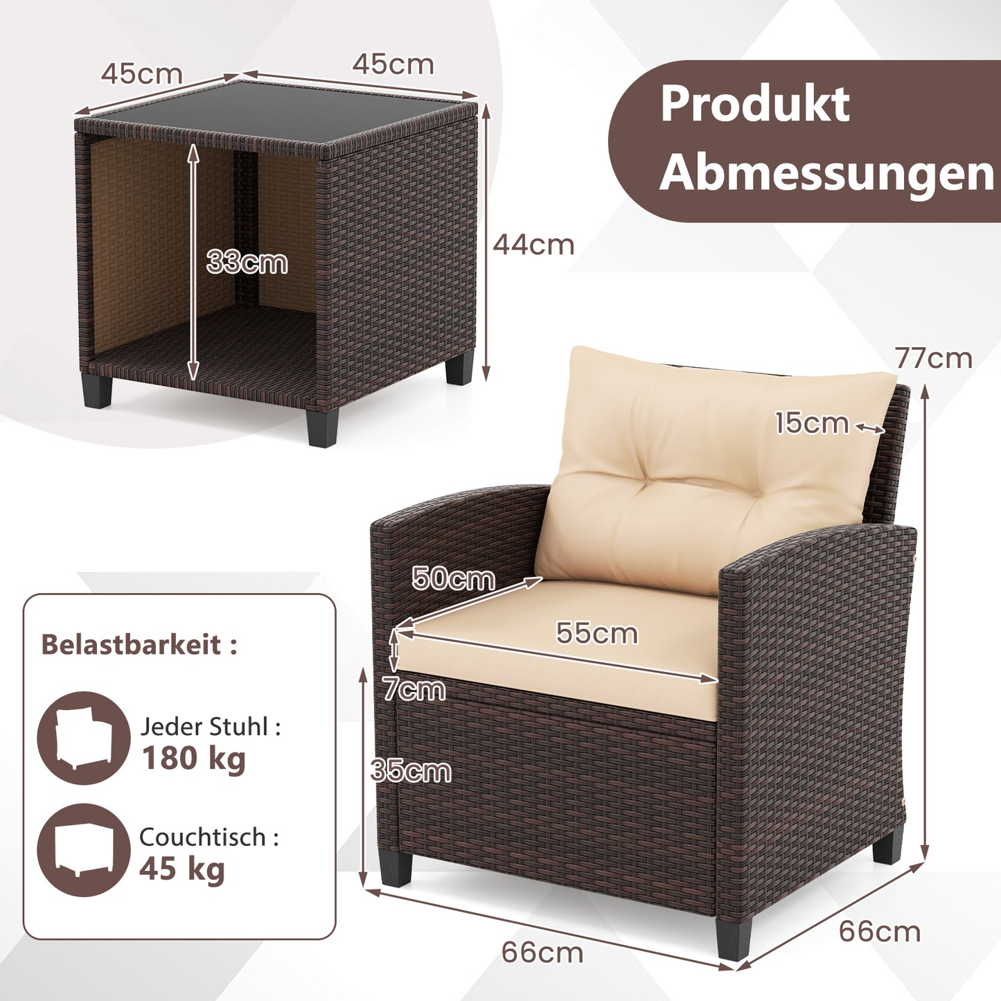 LIVSK Tuinmeubelset - Handgeweven PE Rotan - Comfortabele Stoelen met Kussens - Salontafel met Glazen Blad - Mix-bruin