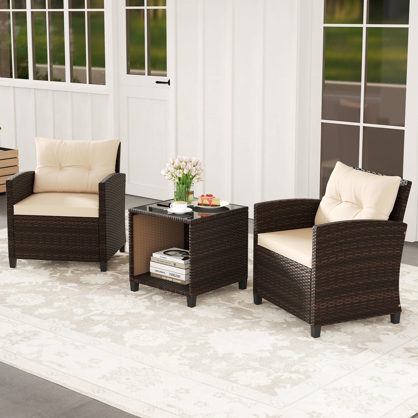 LIVSK Tuinmeubelset - Handgeweven PE Rotan - Comfortabele Stoelen met Kussens - Salontafel met Glazen Blad - Mix-bruin