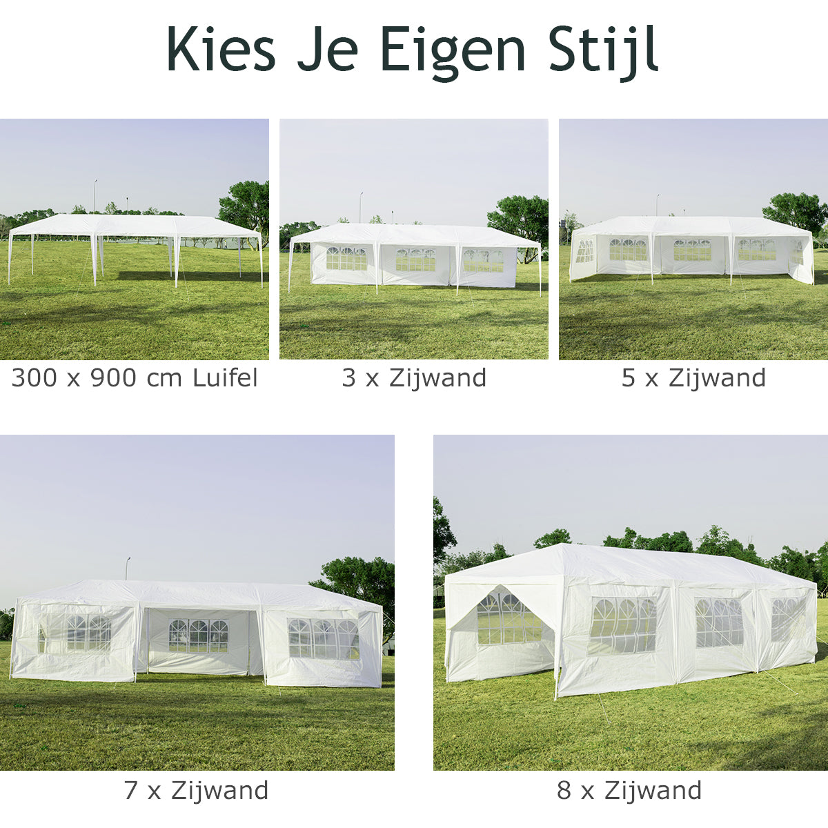 LIVSK Tuinprieel 3m x 9m - Stevig Gepoederd Metaal - 6 Verwijderbare Zijwanden - 2 Deuropeningen met Ritssluiting - Wit