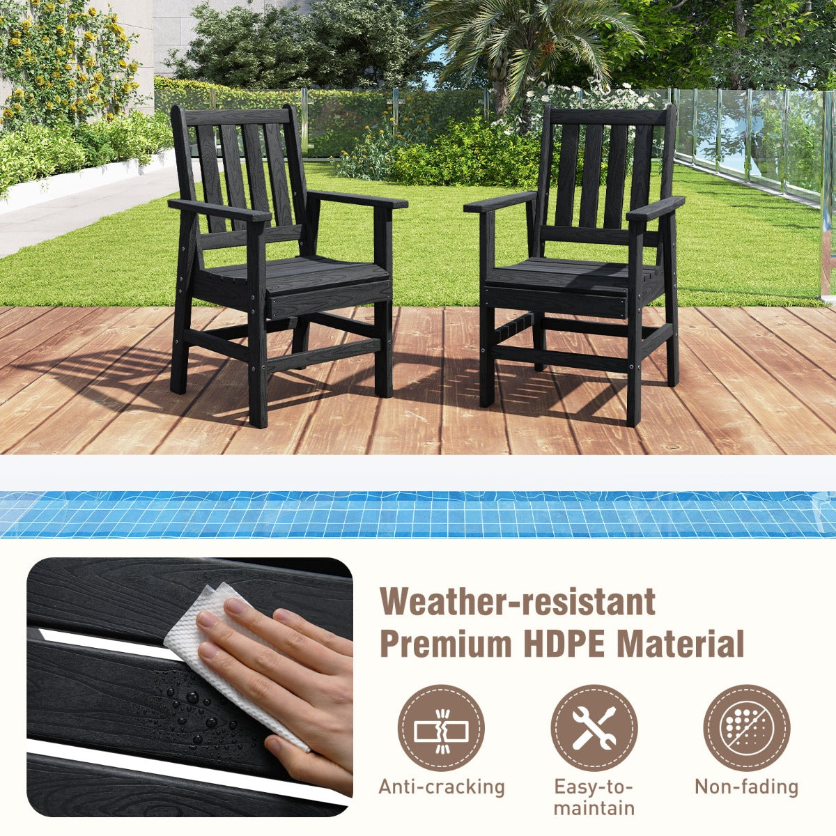 LIVSK HDPE-tuinstoel - Weerbestendig en kleurvast - Ergonomisch en stabiel - Voor binnen en buiten - 61 x 61,5 x 95 cm - Zwart