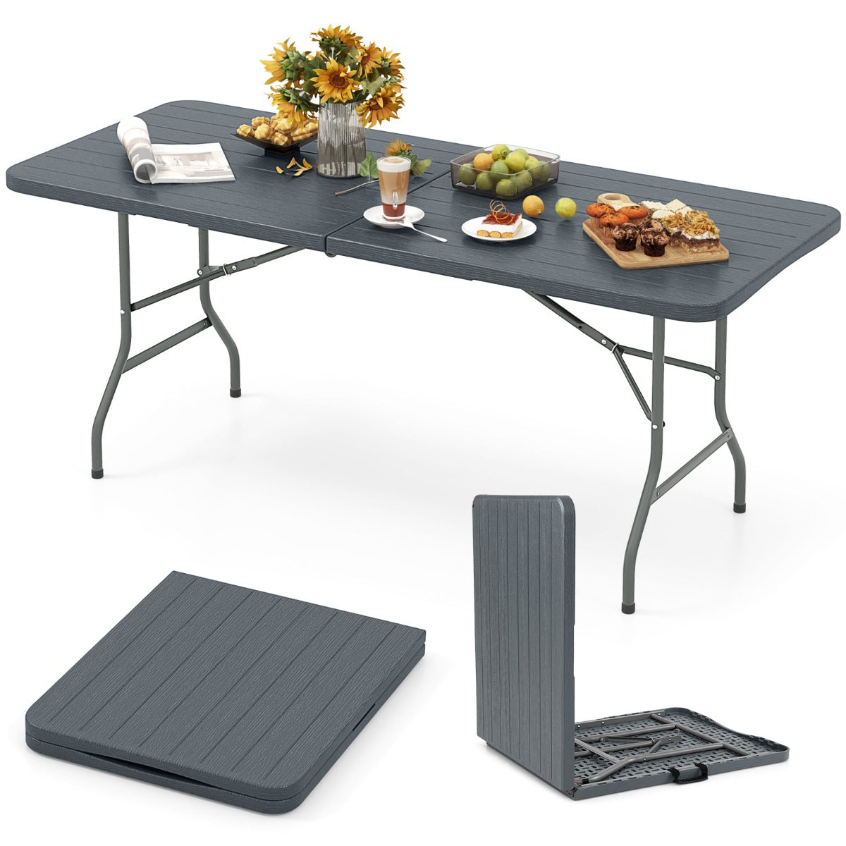 LIVSK Opvouwbare Klaptafel - HDPE Tafelblad 180 x 74 cm - Stevige Metalen Poten - Draagvermogen 160 kg - Grijs