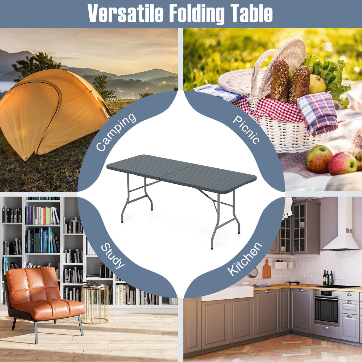 LIVSK Opvouwbare Klaptafel - HDPE Tafelblad 180 x 74 cm - Stevige Metalen Poten - Draagvermogen 160 kg - Grijs