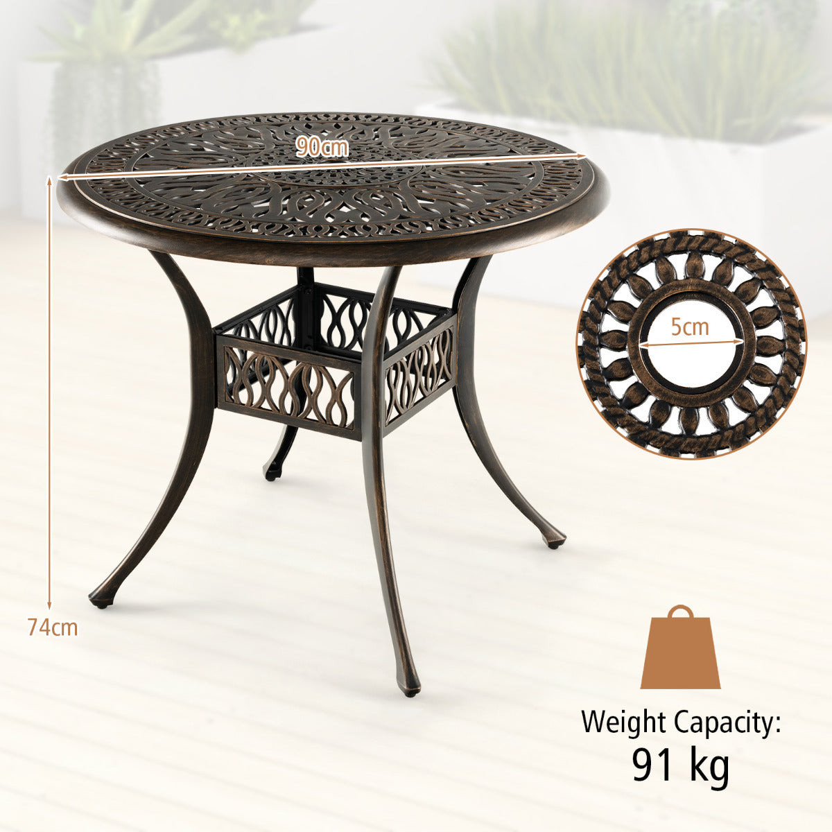 LIVSK Weerbestendige Tuintafel - Gegoten Aluminium - Parasolgat - Voor 4 Personen - 90 cm Diameter - Antiek bruin