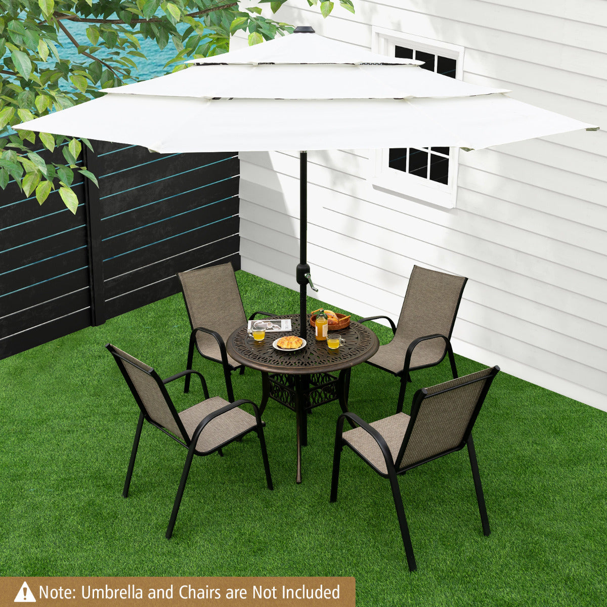 LIVSK Weerbestendige Tuintafel - Gegoten Aluminium - Parasolgat - Voor 4 Personen - 90 cm Diameter - Antiek bruin