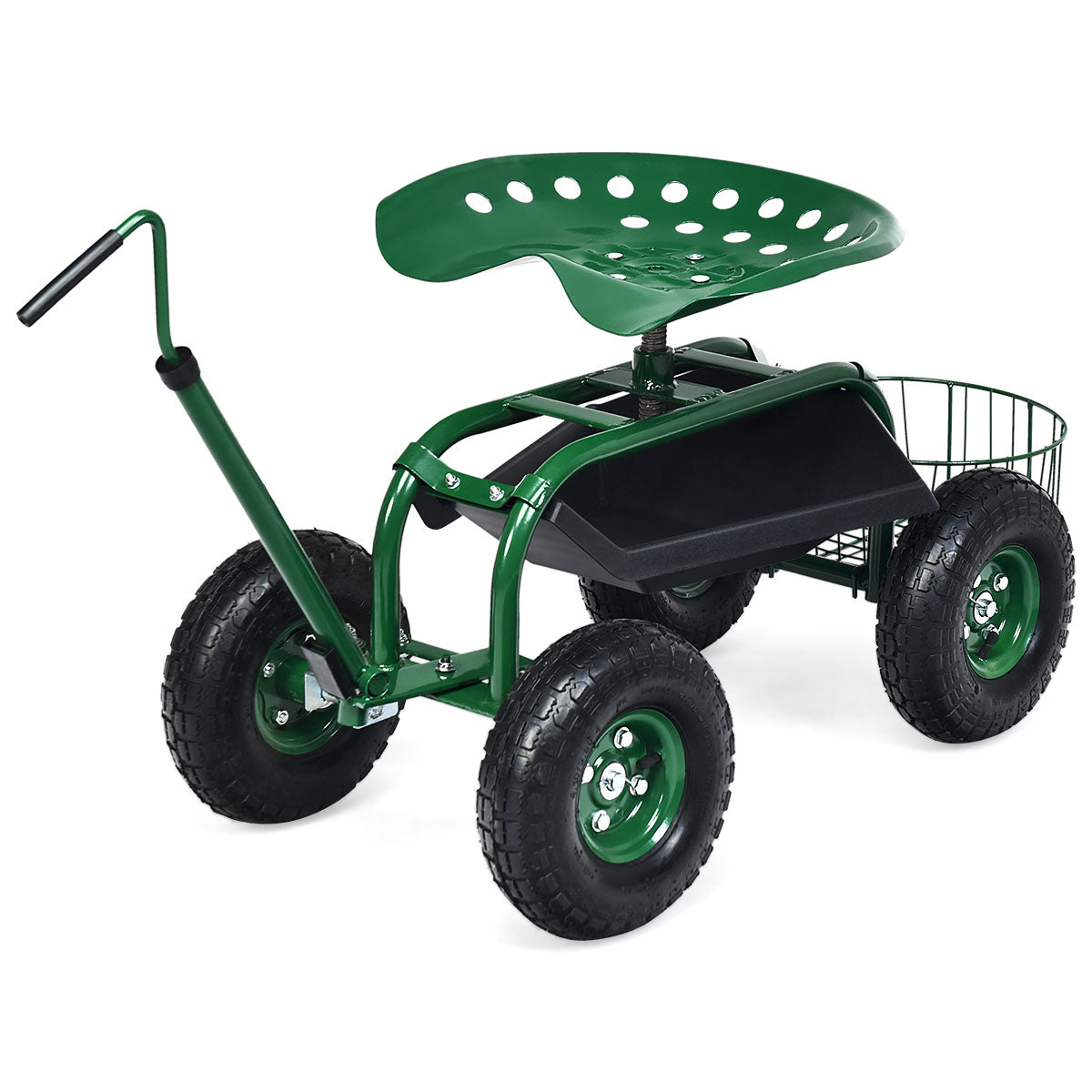 LIVSK Uittrekbare Tuinwagen - Verstelbare Handgreep 47-55 cm - Ergonomische Zitting - Pneumatische Banden - Groen