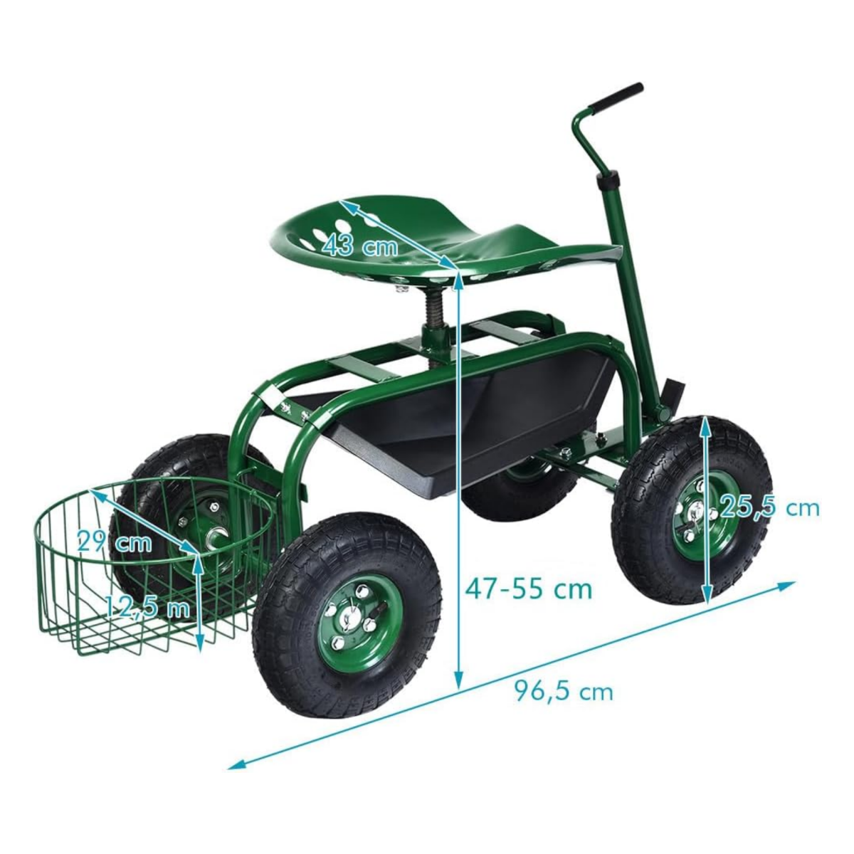 LIVSK Uittrekbare Tuinwagen - Verstelbare Handgreep 47-55 cm - Ergonomische Zitting - Pneumatische Banden - Groen