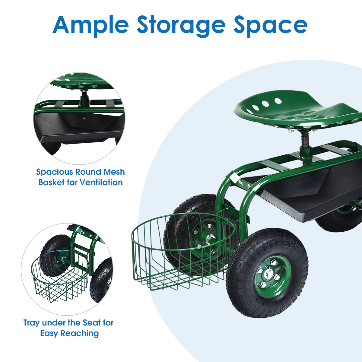 LIVSK Uittrekbare Tuinwagen - Verstelbare Handgreep 47-55 cm - Ergonomische Zitting - Pneumatische Banden - Groen